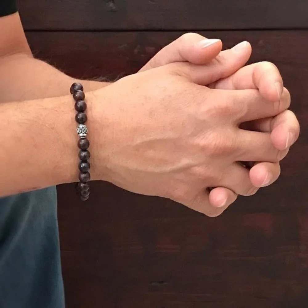 Men's Burgundy Jasper Gemstone Bracelet with Sterling Silver Accent - 8mm Beads